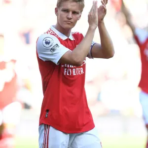Arsenal's Martin Odegaard Celebrates with Fans after Arsenal v Leicester City Match, 2022-23 Premier League Arsenal's Martin Odegaard Celebrates with Fans after Arsenal v Leicester City Match, 2022-23 Premier League