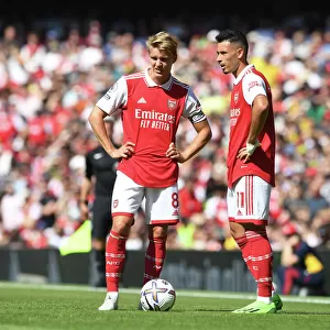 Arsenal's Martin Odegaard and Gabriel Martinelli in Action against Leicester City - 2022-23 Premier League