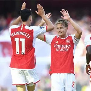Arsenal's Martin Odegaard and Gabriel Martinelli Celebrate First Goal Against Manchester United (2023-24)