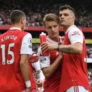 Arsenal's Martin Odegaard and Granit Xhaka Pre-Match Huddle vs Brighton & Hove Albion, Premier League 2022-23