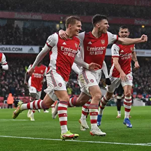 Arsenal's Martin Odegaard and Kieran Tierney Celebrate Goal Against Southampton (December 2021)