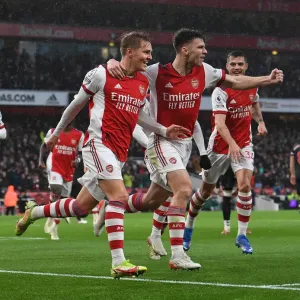 Arsenal's Martin Odegaard and Kieran Tierney Celebrate Goal Against Southampton (December 2021)