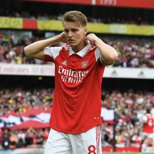 Arsenal's Martin Odegaard Prepares for Arsenal v Brighton & Hove Albion in Premier League 2022-23