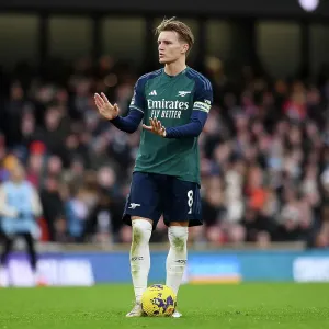 Arsenal's Martin Odegaard Reacts During Fulham vs Arsenal, Premier League 2023 Arsenal's Martin Odegaard Reacts During Fulham vs Arsenal, Premier League 2023