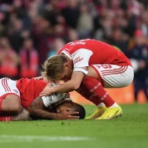 Arsenal's Martin Odegaard Tends to Injured Gabriel Jesus vs. Liverpool (2022-23)