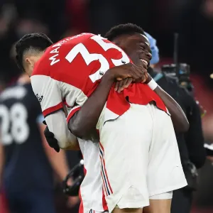 Arsenal's Martinelli and Saka Celebrate Goal: Arsenal v West Ham United, Premier League 2021-22 Arsenal's Martinelli and Saka Celebrate Goal: Arsenal v West Ham United, Premier League 2021-22