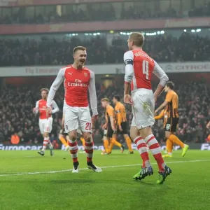 Arsenal's Per Mertesacker and Calum Chambers Celebrate Goal in FA Cup Third Round against Hull City
