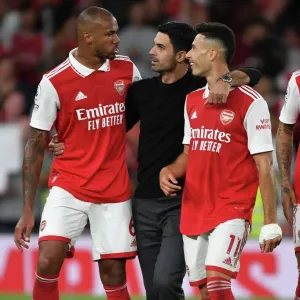 Arsenal's Mikel Arteta Celebrates with Gabriel and Gabriel Martinelli after Arsenal v Aston Villa (2022-23) Arsenal's Mikel Arteta Celebrates with Gabriel and Gabriel Martinelli after Arsenal v Aston Villa (2022-23)