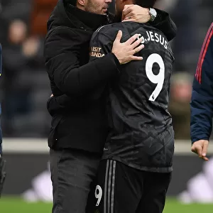 Arsenal's Mikel Arteta Embraces Gabriel Jesus: Fulham vs Arsenal, Premier League 2022-23