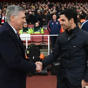 Arsenal's Mikel Arteta and Everton's Carlo Ancelotti Exchange Pre-Match Greetings at Emirates Stadium
