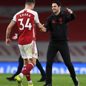 Arsenal's Mikel Arteta and Granit Xhaka Celebrate Victory Over Tottenham