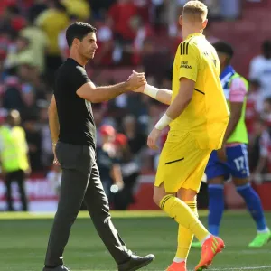 Arsenal's Mikel Arteta Greets Aaron Ramsdale After Arsenal v Leicester City Match, 2022-23 Premier League Arsenal's Mikel Arteta Greets Aaron Ramsdale After Arsenal v Leicester City Match, 2022-23 Premier League
