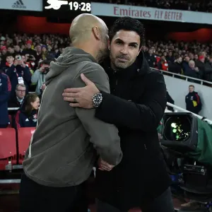 Arsenal's Mikel Arteta and Manchester City's Pep Guardiola Pre-Match Handshake - Premier League 2022-23 Arsenal's Mikel Arteta and Manchester City's Pep Guardiola Pre-Match Handshake - Premier League 2022-23