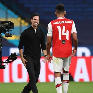 Arsenal's Mikel Arteta and Pierre-Emerick Aubameyang Celebrate FA Cup Semi-Final Victory over Manchester City