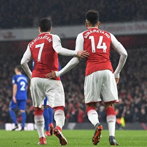 Arsenal's Mkhitaryan and Aubameyang in Action against Everton, Premier League 2017-18