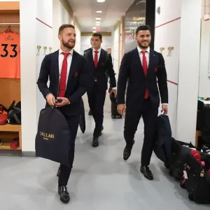 Arsenal's Mustafi and Kolasinac in the Home Team Huddle before Arsenal v Leicester City (2017-18) Arsenal's Mustafi and Kolasinac in the Home Team Huddle before Arsenal v Leicester City (2017-18)