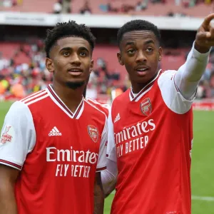Arsenal's Nelson and Willock: Emirates Cup Champions 2019 - Celebrating Victory over Olympique Lyonnais Arsenal's Nelson and Willock: Emirates Cup Champions 2019 - Celebrating Victory over Olympique Lyonnais