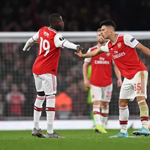 Arsenal's Nicolas Pepe and Gabriel Martinelli Celebrate Goals vs Vitoria Guimaraes, UEFA Europa League 2019-20