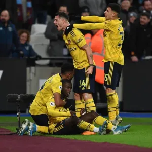 Arsenal's Nicolas Pepe and Teammates Celebrate Goal Against West Ham United, Premier League 2019-20