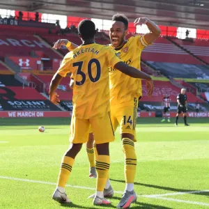 Arsenal's Nketiah and Aubameyang Celebrate Goal Against Southampton (2019-20) Arsenal's Nketiah and Aubameyang Celebrate Goal Against Southampton (2019-20)