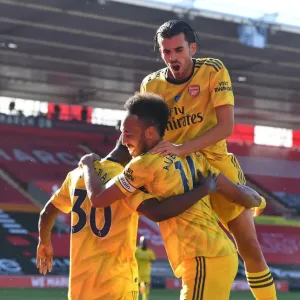 Arsenal's Nketiah and Aubameyang: Celebrating a Goal Together Against Southampton (2019-20) Arsenal's Nketiah and Aubameyang: Celebrating a Goal Together Against Southampton (2019-20)