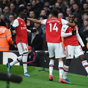 Arsenal's Nketiah, Saka, and Aubameyang: Celebrating the First Goal Against Everton (2019-20)