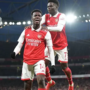 Arsenal's Nketiah and Saka Celebrate Goal Against Manchester United (2022-23)