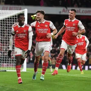 Arsenal's Nketiah Scores Hat-Trick: Celebrating with Tierney and Xhaka (2022-23) Arsenal's Nketiah Scores Hat-Trick: Celebrating with Tierney and Xhaka (2022-23)