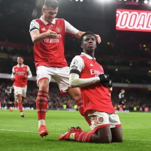Arsenal's Nketiah and Xhaka Celebrate Goals Against West Ham in 2022-23 Premier League Arsenal's Nketiah and Xhaka Celebrate Goals Against West Ham in 2022-23 Premier League