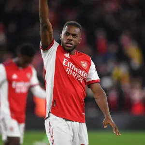 Arsenal's Nuno Tavares Celebrates with Fans after Arsenal v West Ham United Victory Arsenal's Nuno Tavares Celebrates with Fans after Arsenal v West Ham United Victory