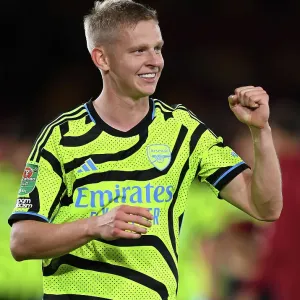 Arsenal's Oleksandr Zinchenko Acknowledges Fans after Brentford Cup Victory, 2023-24
