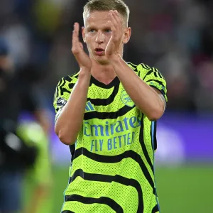 Arsenal's Oleksandr Zinchenko Celebrates with Fans after Crystal Palace Victory, 2023-24 Premier League Arsenal's Oleksandr Zinchenko Celebrates with Fans after Crystal Palace Victory, 2023-24 Premier League