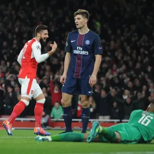 Arsenal's Olivier Giroud Celebrates Second Goal Against Paris Saint-Germain in 2016-17 UEFA Champions League Arsenal's Olivier Giroud Celebrates Second Goal Against Paris Saint-Germain in 2016-17 UEFA Champions League
