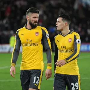 Arsenal's Olivier Giroud and Granit Xhaka Celebrate Victory Over AFC Bournemouth in Premier League Clash (January 2017)