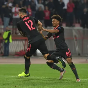 Arsenal's Olivier Giroud and Reiss Nelson Celebrate Goal in Europa League Match against Red Star Belgrade