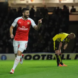 Arsenal's Olivier Giroud and Teammates Celebrate Second Goal Against Watford in Barclays Premier League