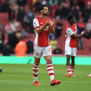 Arsenal's Pablo Mari Celebrates with Fans after Arsenal vs. Chelsea Match, 2021-22 Premier League