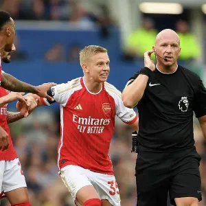 Arsenal's Penalty Plea: Zinchenko Appeals at Goodison Park (Everton vs Arsenal, 2023-24)