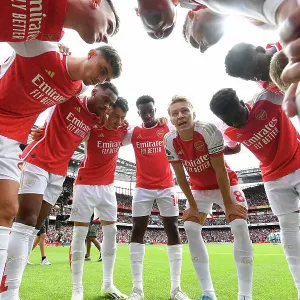 Arsenal's Pre-Match Huddle: Martin Odegaard Leads the Team against Nottingham Forest (2023-24) Arsenal's Pre-Match Huddle: Martin Odegaard Leads the Team against Nottingham Forest (2023-24)
