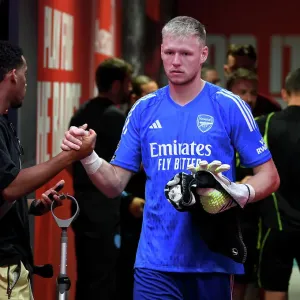 Arsenal's Ramsdale and Timber Share a Moment Before Arsenal v Manchester United (2023-24) Arsenal's Ramsdale and Timber Share a Moment Before Arsenal v Manchester United (2023-24)