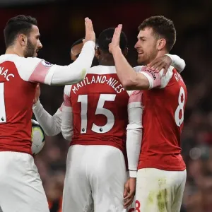 Arsenal's Ramsey and Kolasinac Celebrate Goal Against Newcastle United Arsenal's Ramsey and Kolasinac Celebrate Goal Against Newcastle United