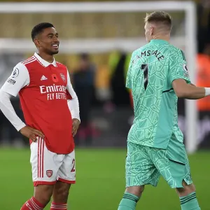 Arsenal's Reiss Nelson and Aaron Ramsdale Celebrate Victory Over Wolverhampton Wanderers in 2022-23 Premier League