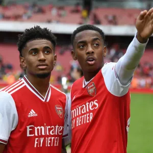 Arsenal's Reiss Nelson and Joe Willock Celebrate Emirates Cup Victory over Olympique Lyonnais Arsenal's Reiss Nelson and Joe Willock Celebrate Emirates Cup Victory over Olympique Lyonnais