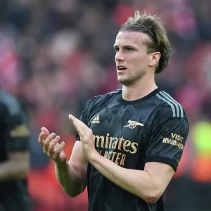 Arsenal's Rob Holding Applauding Fans After Liverpool Rivalry Match, Premier League 2022-23 Arsenal's Rob Holding Applauding Fans After Liverpool Rivalry Match, Premier League 2022-23