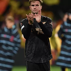 Arsenal's Rob Holding Celebrates with Fans after UEFA Europa League Victory over Bodø/Glimt