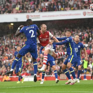 Arsenal's Rob Holding Charges Towards Goal in Arsenal v Chelsea Clash (2021-22)