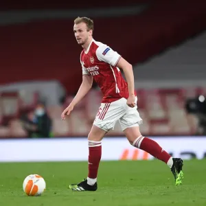 Arsenal's Rob Holding Focuses Amid Empty Emirates Stadium: Arsenal vs Slavia Praha, UEFA Europa League Quarterfinal (2021)