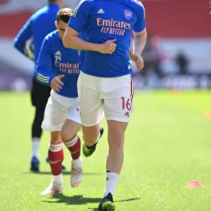 Arsenal's Rob Holding: Pre-Match Focus at Empty Emirates Stadium During Arsenal v Fulham, Premier League 2020-21