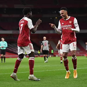 Arsenal's Saka and Aubameyang Celebrate Goals: Arsenal 2-0 Newcastle (Behind Closed Doors, Premier League 2021)