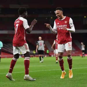 Arsenal's Saka and Aubameyang Celebrate Goals: Arsenal 2-0 Newcastle (Behind Closed Doors, Premier League 2021)